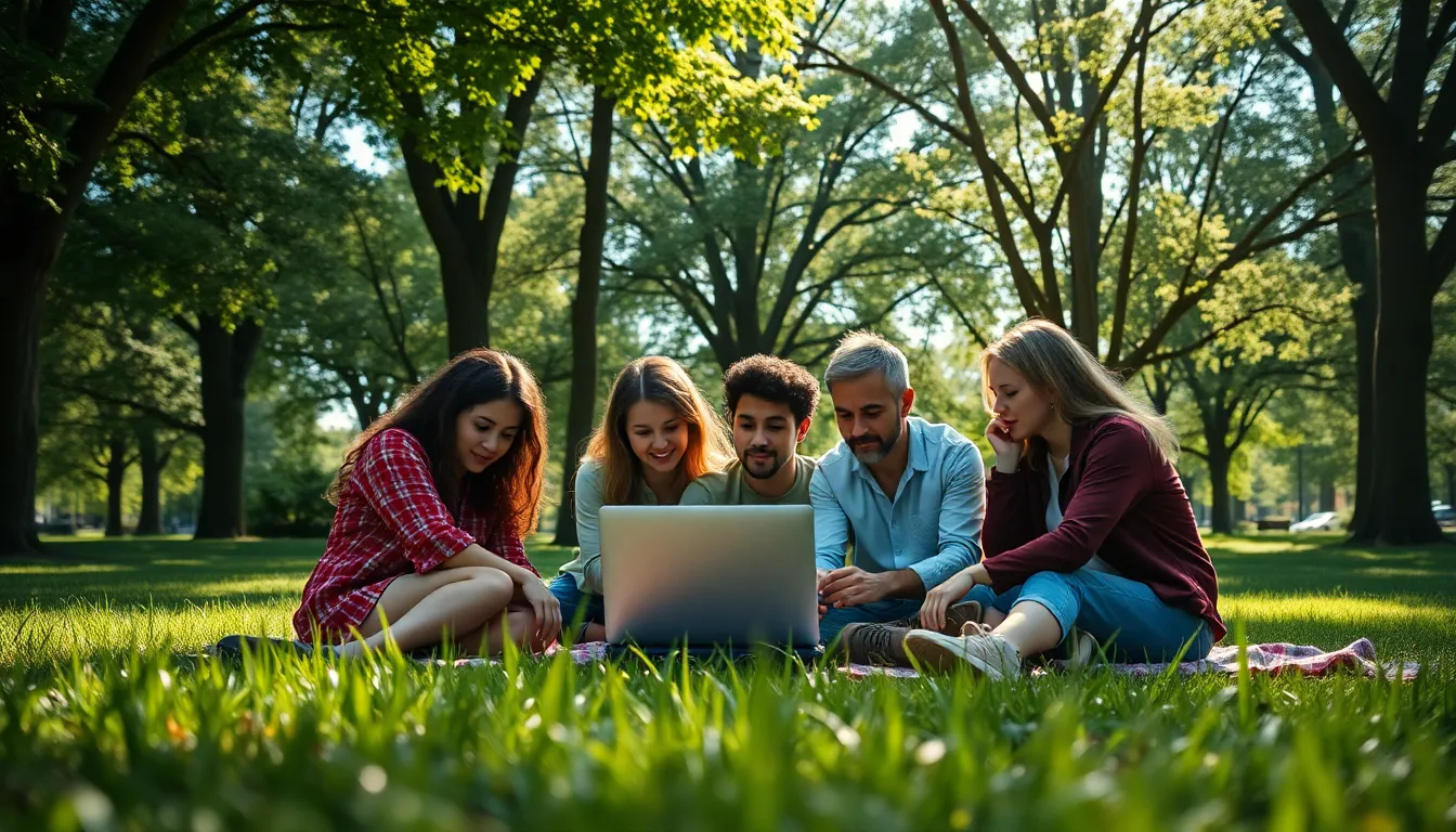 A diverse group of colleagues engaged in a collaborative discussion outdoors on a sunny day, seated on a picnic blanket in a park. Dappled sunlight creates a cheerful ambiance, as lush green foliage frames the scene. The vibrant colors contrast beautifully with the natural textures of grass and the blanket, enhancing the feeling of teamwork and camaraderie in a relaxed setting. This image highlights a refreshing approach to working together.