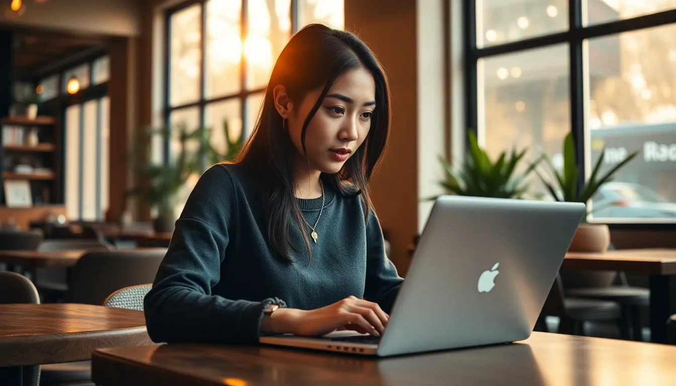 A young Asian woman is deeply focused on her laptop in a modern coffee shop, surrounded by warm lighting and natural materials. She wears a casual sweater, with soft sunlight illuminating her face, creating an inviting atmosphere. The wooden table and greenery in the background add to the relaxed feel of the scene, perfect for capturing the essence of remote work.