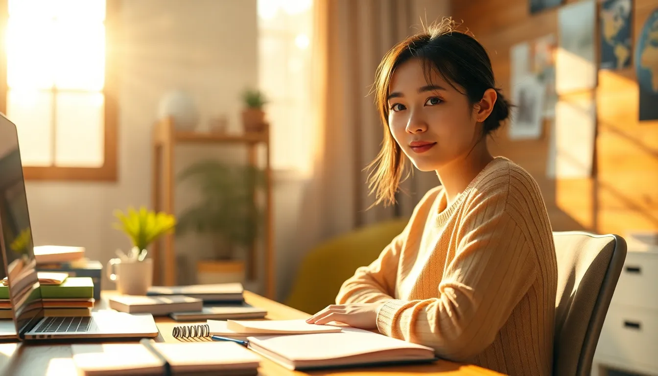 This image features a focused young Asian woman working at her modern desk, surrounded by notebooks and a laptop. Sunlight streams through the window, casting a warm glow and creating a cozy atmosphere. The vibrant afternoon light enhances the soft textures of her workspace, showcasing creativity and dedication. The depth of field isolates her expression while maintaining a lively backdrop.