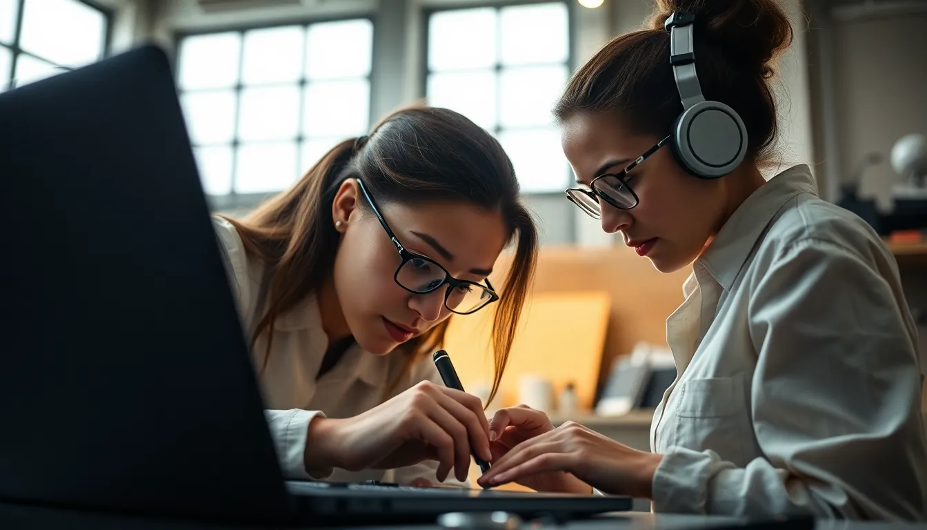 In this image, a skilled tech repair technician diligently repairs a laptop in a sleek, modern workshop environment. The soft, even lighting from overcast daylight highlights the intricate details of her work, showcasing her expertise. The natural muted color palette combined with metallic accents creates a professional feel. The close-up composition captures the intensity of her focus, embodying the meticulous nature of technology repairs and the dedication to quality workmanship.