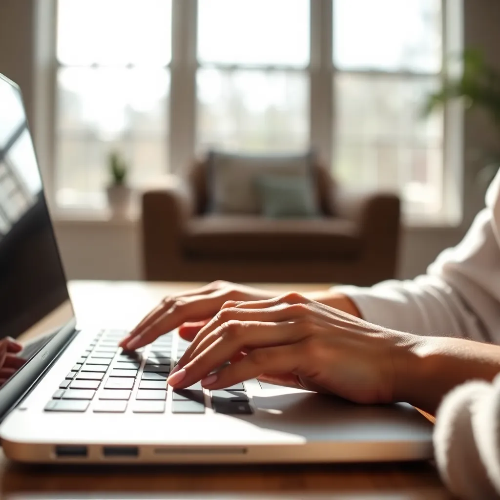 A close-up shot captures the elegant flow of a person’s hands as they type on a sleek laptop, revealing intricate details like soft skin textures and colorful nail polish. Bathed in soft, diffused natural light, the scene conveys a sense of focus and productivity, while the muted color palette highlights the elegance of the subject. The background melts into a dreamy bokeh, allowing the tactile beauty of the workspace to stand out.