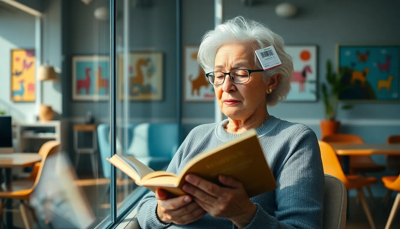 An elderly Middle Eastern woman enjoys a quiet moment reading a book in a bright coworking space. Sunlight streams through the window, highlighting her calm expression against a backdrop of colorful artwork and stylish furniture. This image embodies a sense of tranquility amidst a modern working environment, showcasing the beauty of leisurely pursuits.