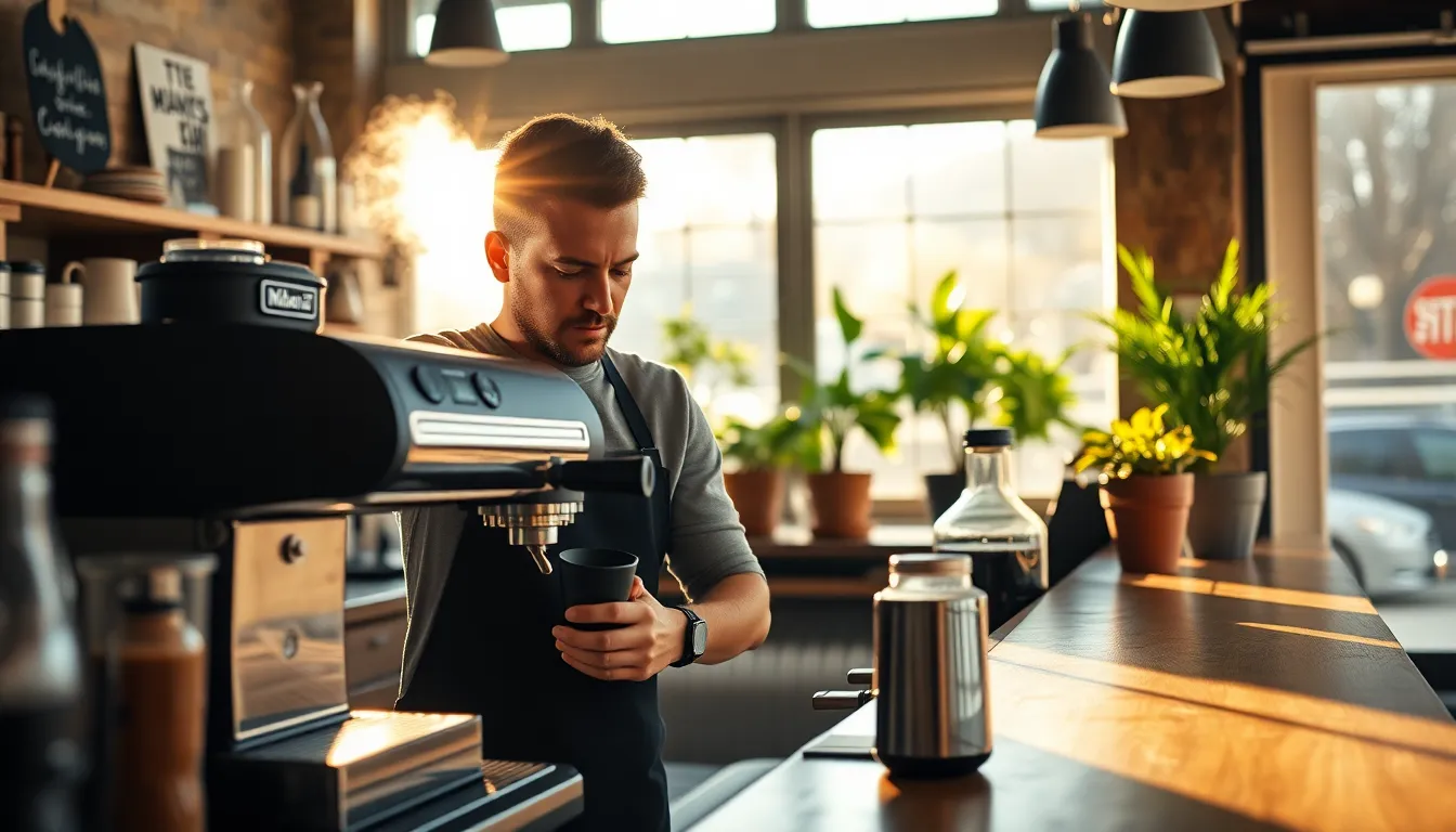 This image features a skilled male barista at work in a cozy artisanal café, crafting the perfect cup of coffee. The warm afternoon backlighting creates an inviting ambiance, enhanced by the steam rising from the espresso machine. The saturated color palette emphasizes the rich tones of the coffee and the lush greenery in the background. The composition uses leading lines to draw focus to the barista's meticulous craftsmanship, representing the artistry of coffee preparation.