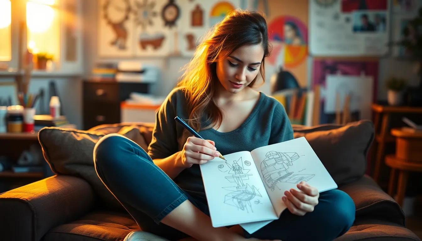 This image features a creative designer comfortably sketching ideas in her eclectic studio. The golden hour backlighting accentuates her warm expression, creating a welcoming and artistic atmosphere. Surrounded by an array of vibrant art supplies, the scene's color palette is rich and inviting, filled with warm tones and lively accents. The composition centers her in a relaxed posture, reflecting the creative energy of her workspace and the joy of artistic expression.