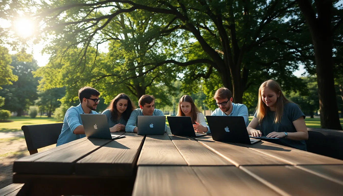 This vibrant scene captures a diverse group of friends gathering around a picnic table for a collaborative project amidst nature. Dappled sunlight creates a magical atmosphere, emphasizing the lush greenery and vibrant clothing of the participants. The hyperfocal sharpness allows every detail to shine, making this image perfect for themes of teamwork and creativity in an outdoor setting.