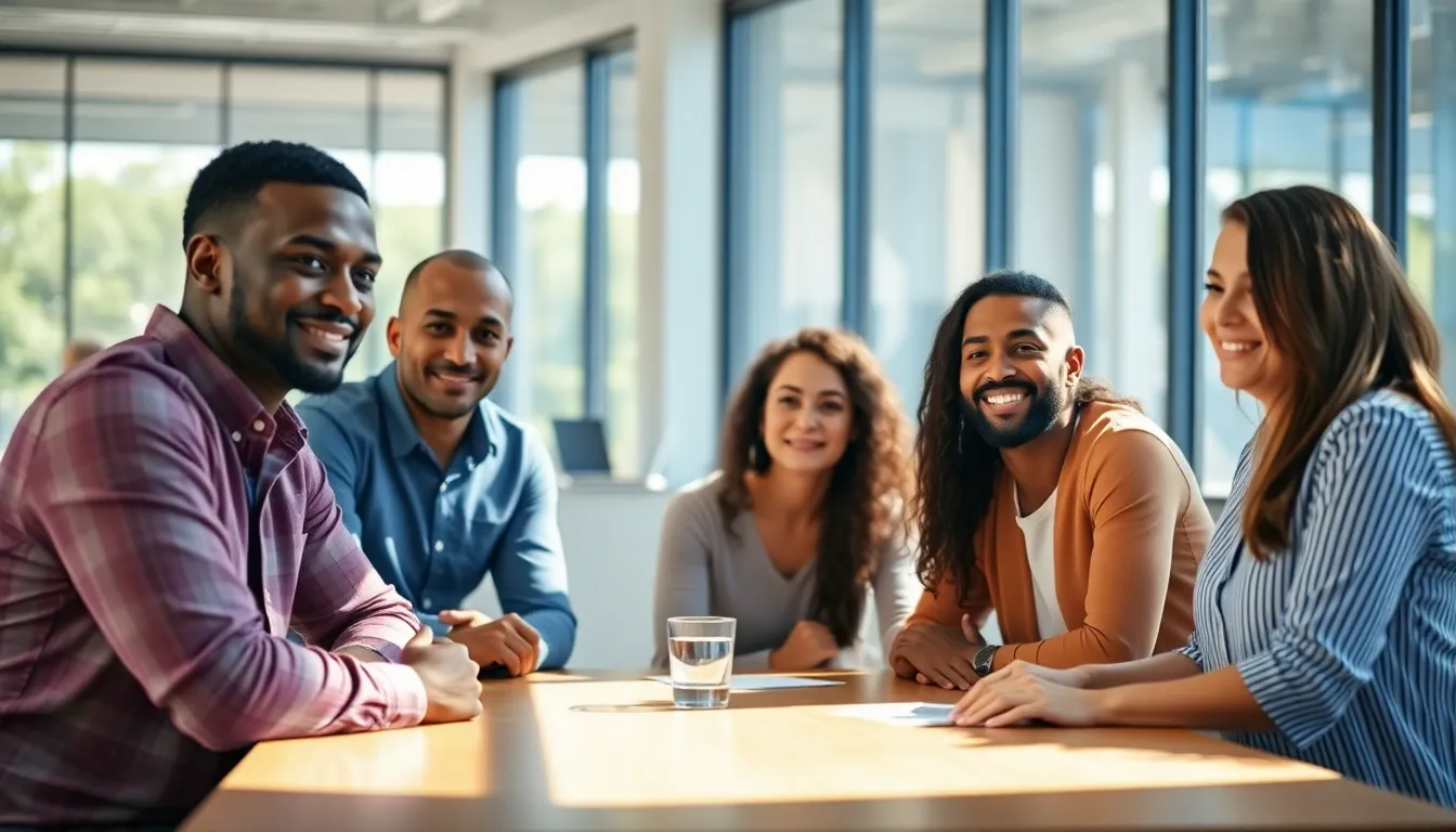In this bright, lively scene, a diverse group of four colleagues collaborates around a table in a casual meeting. A sense of teamwork and creativity fills the air as they engage in conversation. Natural light from large windows filters into the space, creating a vibrant atmosphere. The image beautifully captures the essence of collaboration in a modern work environment.