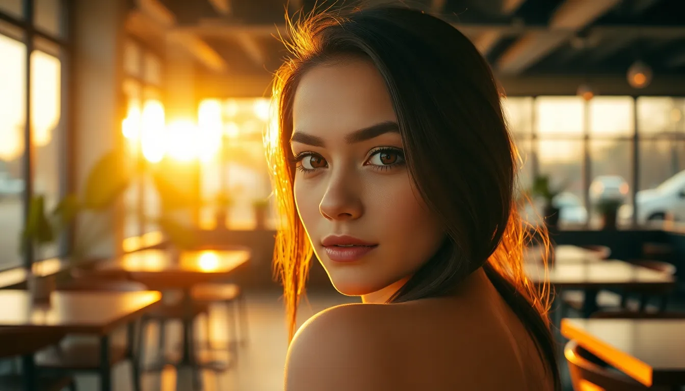 Two young professionals collaborate in a lively café during golden hour, with sunlight creating a warm rim light around them. A woman with curly hair and a bright expression gestures to her laptop, while a man listens intently, showing natural skin details. The warm tones and soft background bokeh contribute to an inspiring atmosphere. The modern wooden tables and lush greenery add to the creative vibe, enhancing their teamwork energy.