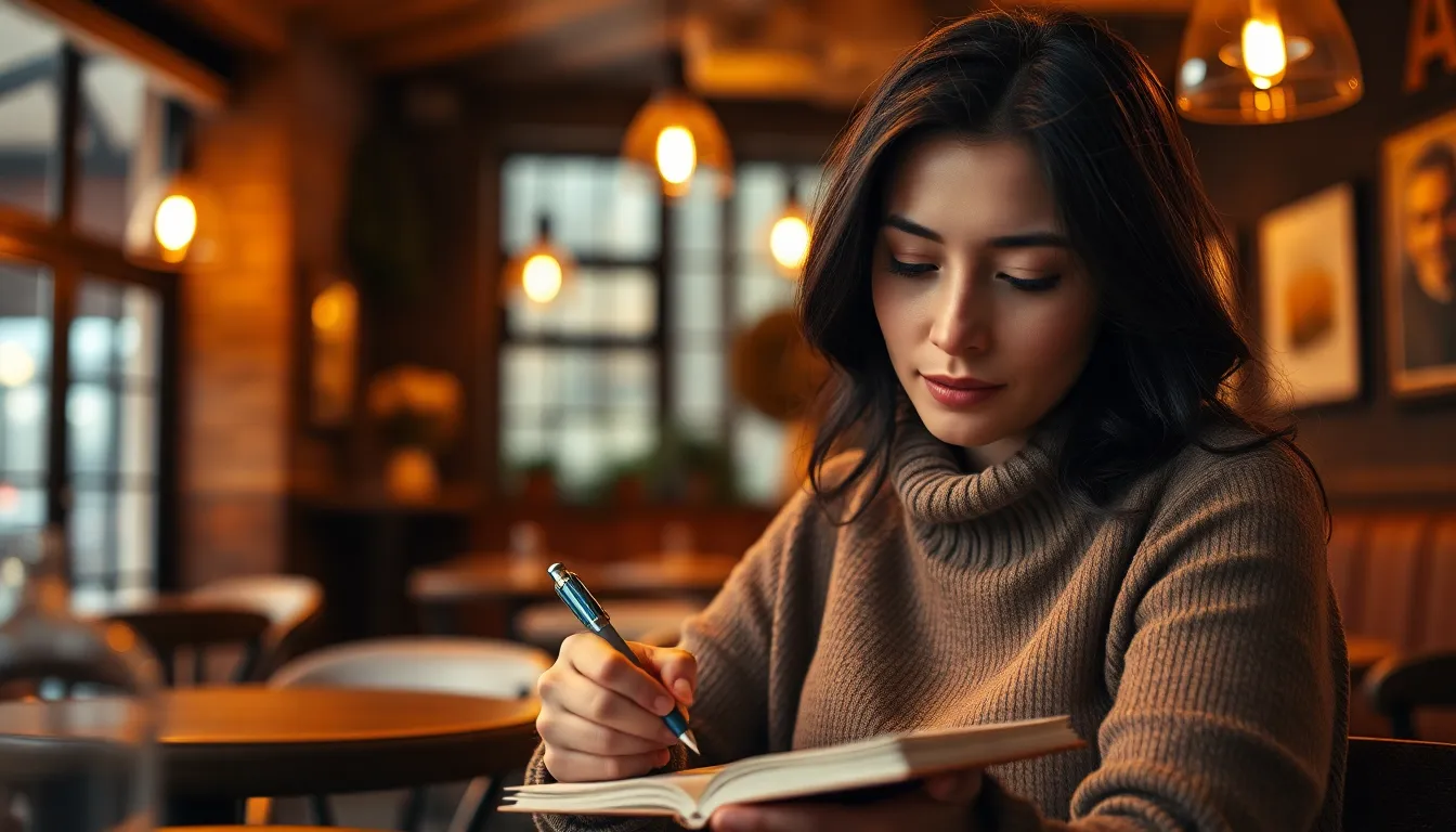 In a cozy café filled with warm light, a woman immersed in her artistic process sketches in her notebook. The ambiance is enriched by rustic wooden tables and soft fabric furnishings, inviting viewers into this intimate moment of creativity. The warm autumn tones add to the scene’s cozy atmosphere, while the dreamy bokeh emphasizes her concentration.