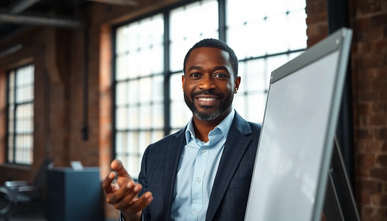 A middle-aged Black man, dressed in a sharp suit, presents ideas on a whiteboard in a modern industrial office. The exposed brick and soft lighting create an engaging atmosphere, where professionalism meets creativity. His confident expression and the textured environment enhance the image, making it ideal for depicting corporate life.