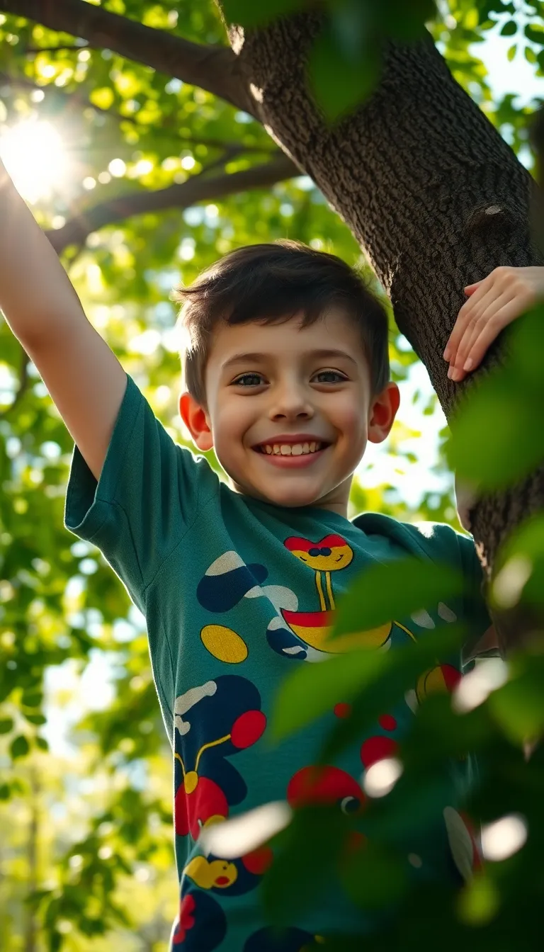 Joyful Boy Climbing a Tree