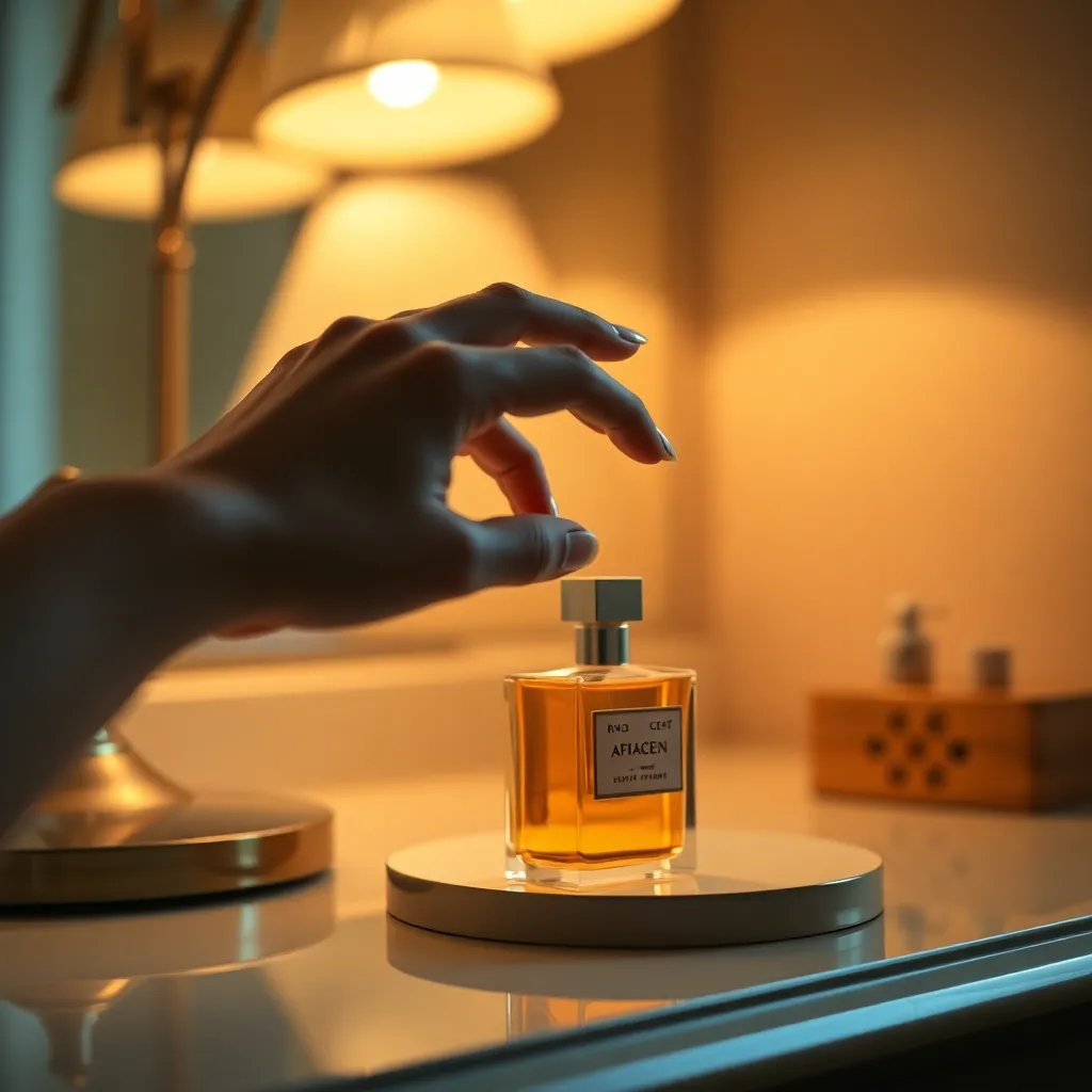 This intimate close-up captures a woman's hand elegantly reaching for a perfume bottle on a vanity. Soft side lighting from a nearby lamp creates a dramatic atmosphere, with gentle shadows enhancing the mood. The warm tones and hints of gold from the bottle convey luxury, while the sharp focus on the hand draws attention to this delicate moment. The composition artfully frames the foreground, inviting the viewer into this personal space of beauty.