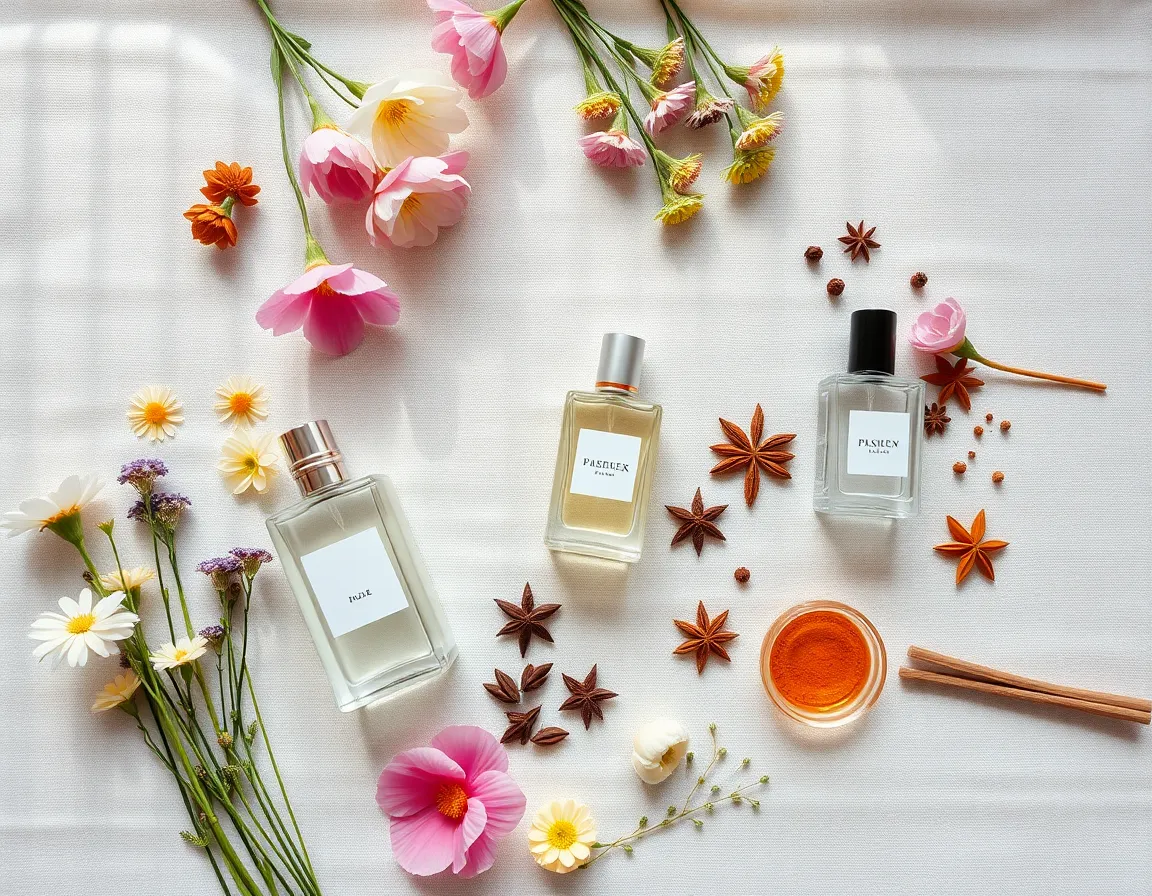 This visually striking flat lay features an artistic arrangement of perfume bottles alongside fragrant flowers and spices, set against a textured linen background. Soft natural light enhances the airy feel, while bright whites and pastels convey a fresh and inviting mood. The balanced depth of field ensures that every element remains in sharp focus, contributing to the modern aesthetic. Negative space is cleverly used to draw the viewer's attention to the beauty of the ingredients and bottles, making it ideal for lifestyle branding.