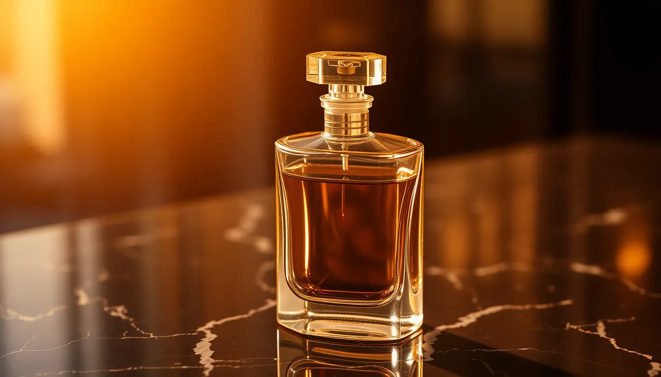 This stunning image showcases a luxurious clear glass perfume bottle set against a sleek black marble background. Captured during golden hour, the warm backlighting beautifully highlights the bottle's contours and reflects on the polished surface. The composition effectively uses leading lines to draw the viewer's eye, accentuating the elegance of the piece. The rich gold and amber tones create an opulent mood, perfect for high-end beauty branding.