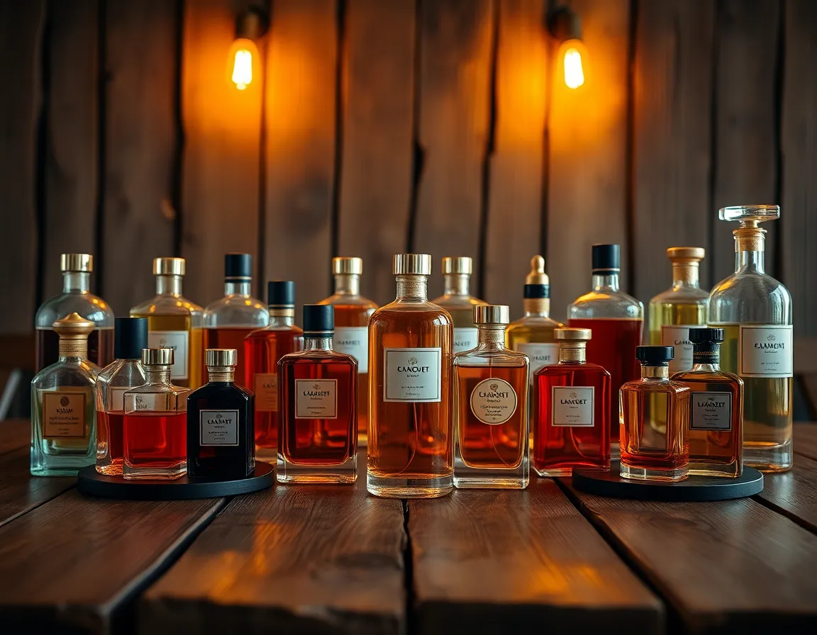This image showcases an artistic arrangement of luxurious perfume bottles on a rustic wooden table. Warm tungsten lighting casts a cozy glow, enhancing the rich colors and textures of the glass. The symmetrical composition highlights the elegance and beauty of each bottle, while the sharp focus reveals intricate details in both the packaging and the wooden surface. This inviting scene conveys a sense of luxury, perfect for perfume marketing.