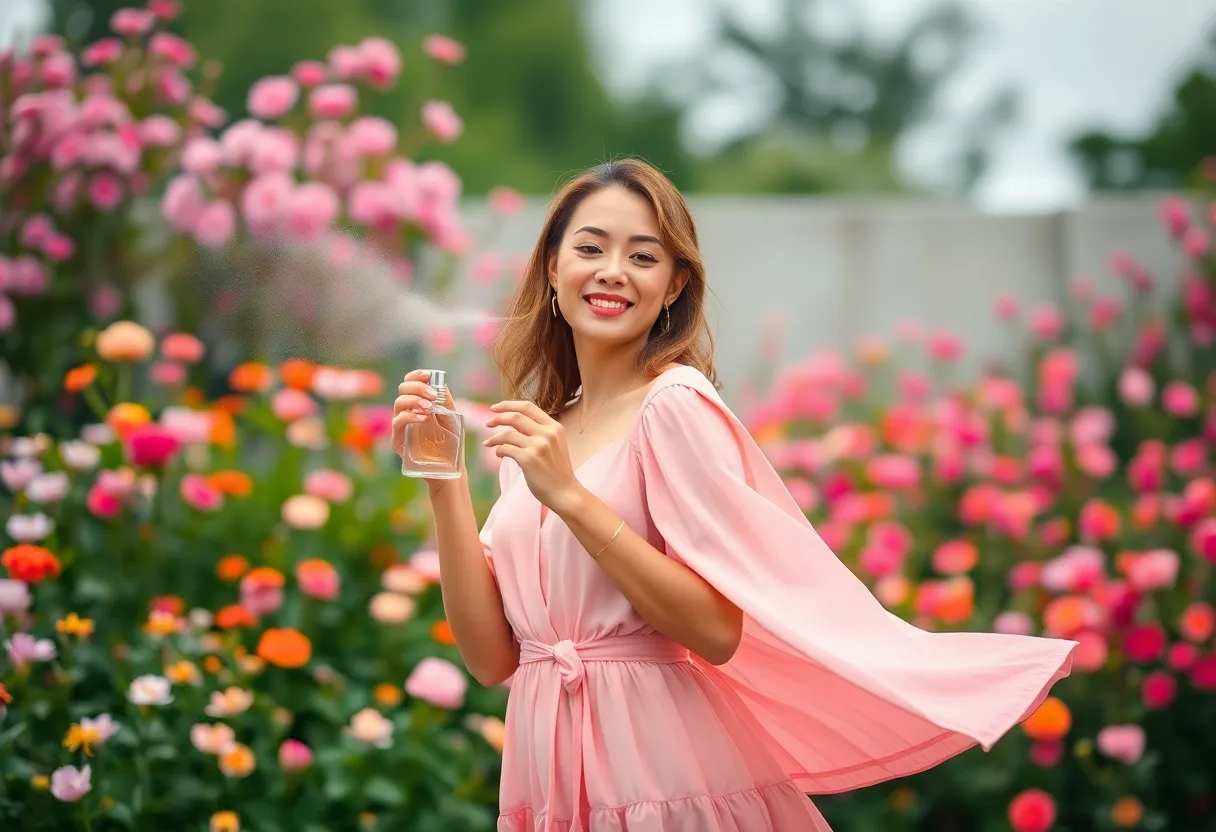 This vibrant image captures a stylish woman joyfully spraying her perfume amidst a blooming garden. Soft diffused daylight from an overcast sky creates a serene atmosphere, while the vibrant colors of pastel pinks and greens reflect the freshness of the scene. With the subject placed off-center, the composition leads the viewer's eye through the image, emphasizing the beauty of both the woman and the floral backdrop. This visually uplifting moment perfectly encapsulates the essence of floral fragrances.