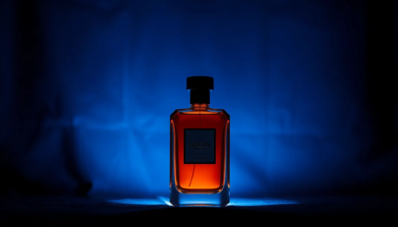 Luxurious Perfume Bottle on Velvet This image showcases a luxurious perfume bottle set against a rich blue velvet background, illuminated by dramatic edge lighting. The high contrast enhances the intricate details of the bottle, while the cinematic color grading adds depth and allure. The centered composition captures the essence of sophistication and elegance, making it ideal for high-end beauty branding.