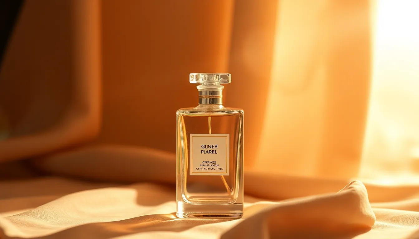 This image showcases a luxurious perfume bottle illuminated by dramatic backlighting, creating a soft halo effect. The shallow focus captures the intricate details of the bottle, while a delicate silk scarf forms a textured backdrop. Warm golden tones add intimacy and elegance to the composition, making it ideal for fashion and beauty contexts.