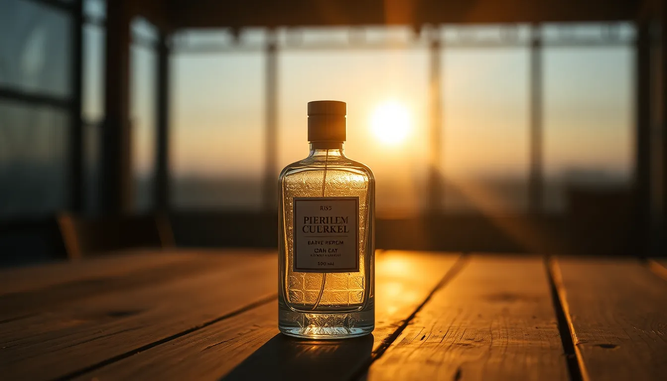 An exquisite perfume bottle stands elegantly surrounded by soft petals as golden hour backlighting enhances its sparkling glass surface. The shallow depth of field draws focus to the intricate details of the bottle while petals create a dreamy ambiance. The warm colors evoke a sense of luxury, perfect for fashion and beauty concepts. This composition captures the essence of elegance and allure in the world of fragrance.