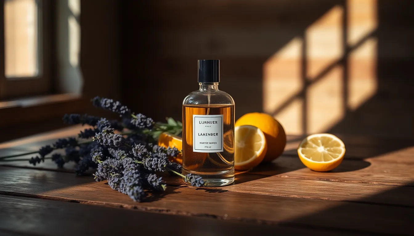 This beautifully composed image displays a perfume bottle set on a rustic wooden table, accompanied by sprigs of lavender and fresh citrus fruits. Dramatic natural light creates dynamic shadows, evoking a rustic charm. The use of desaturated earth colors creates a calming and inviting atmosphere, while hyperfocal depth keeps all elements in sharp focus, enhancing the textural details of both the perfume and the natural surroundings.