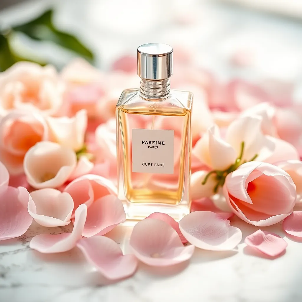 Delicate Perfume Bottle Surrounded by Petals
