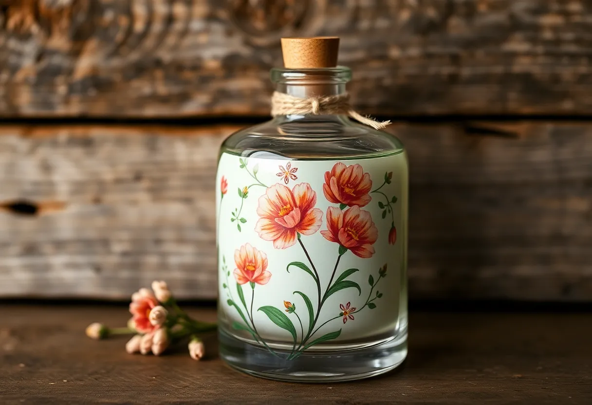 This close-up photograph captures a beautifully designed artisan perfume bottle adorned with hand-painted floral decorations. Set against a rustic wooden backdrop, the overcast diffused daylight highlights the intricate details and craftsmanship of the bottle. The warm skin tones from the Kodak Portra 400 color palette add a touch of softness, creating a harmonious and inviting atmosphere suitable for luxury fragrance promotions.