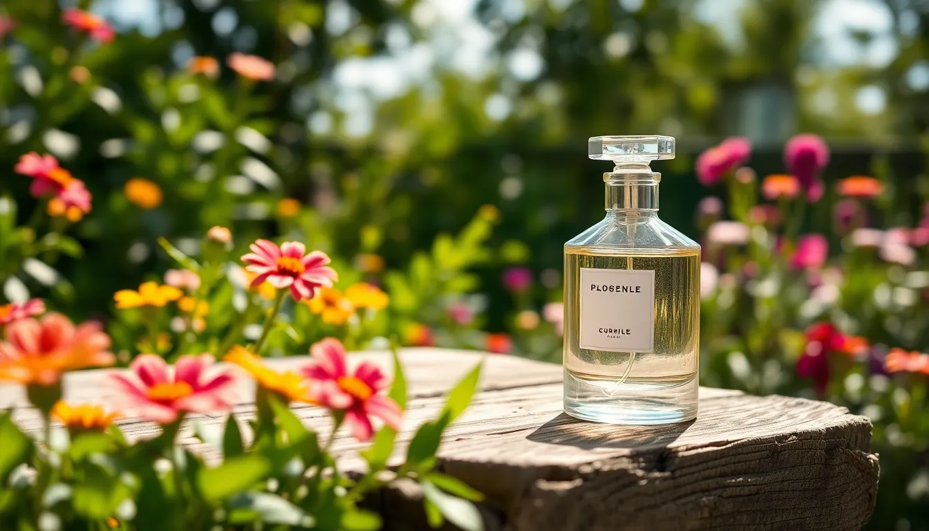 This vibrant image showcases a perfume bottle elegantly placed on a rustic wooden table in a sunlit garden. Surrounded by colorful flowers and lush greenery, the natural light enhances the serene atmosphere of the scene. With a focus on the bottle and a beautifully blurred background, this image is ideal for lifestyle and beauty branding.
