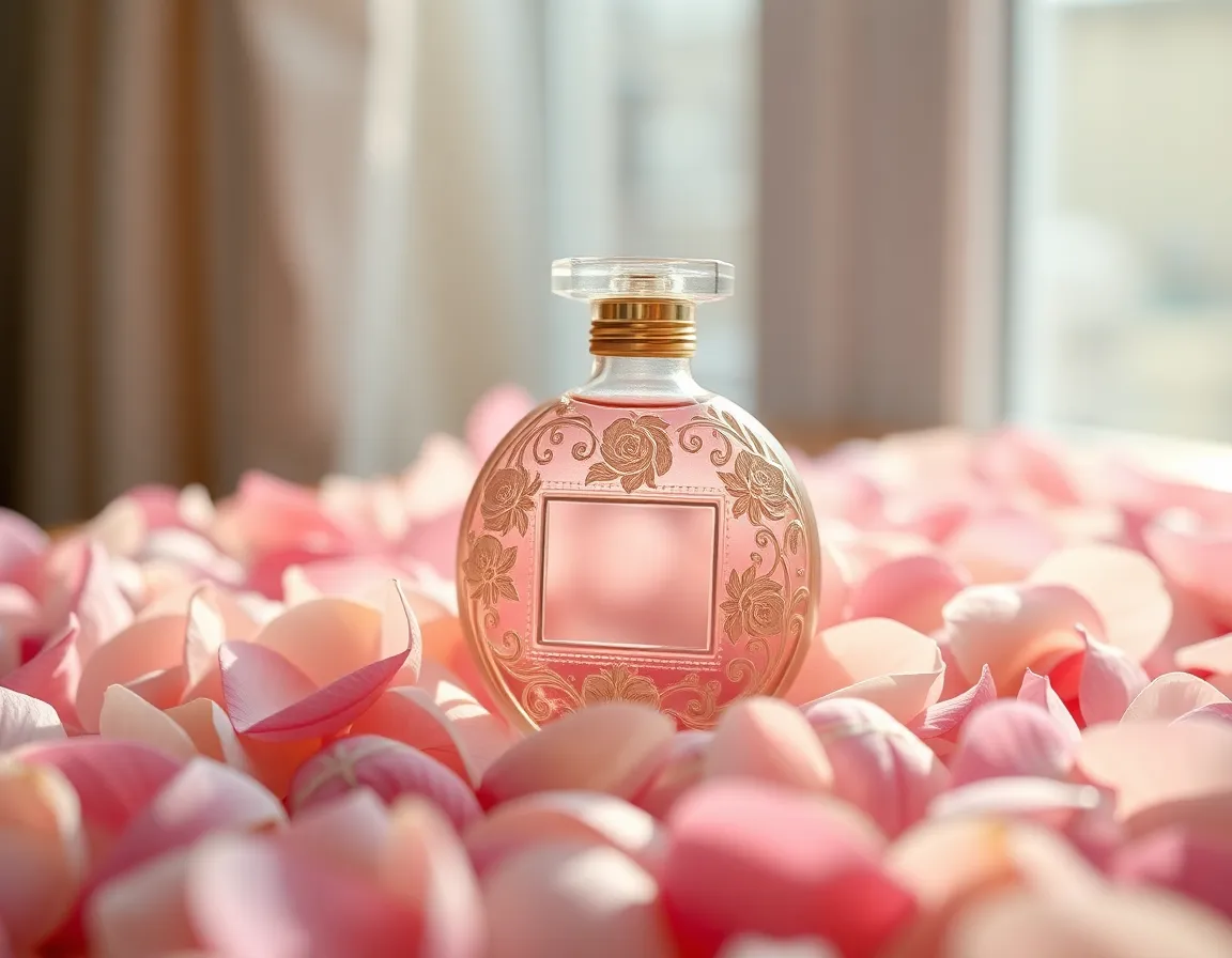 This enchanting image portrays a beautifully engraved perfume bottle nestled among soft pastel petals. The diffused daylight creates an ethereal quality, enhancing the delicate details of the bottle while softening the surrounding petals. The romantic color palette of pinks and creams invites a sense of femininity, making this image perfect for beauty and fashion contexts.