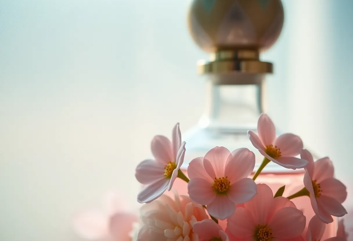 This stunning macro shot reveals the intricate details of a perfume bottle embellished with delicate floral elements. Soft daylight enhances the craftsmanship of the bottle, while a shallow depth of field draws attention to its elegance. The romantic color palette of soft pinks and whites creates an enchanting atmosphere, making it ideal for beauty advertisements.