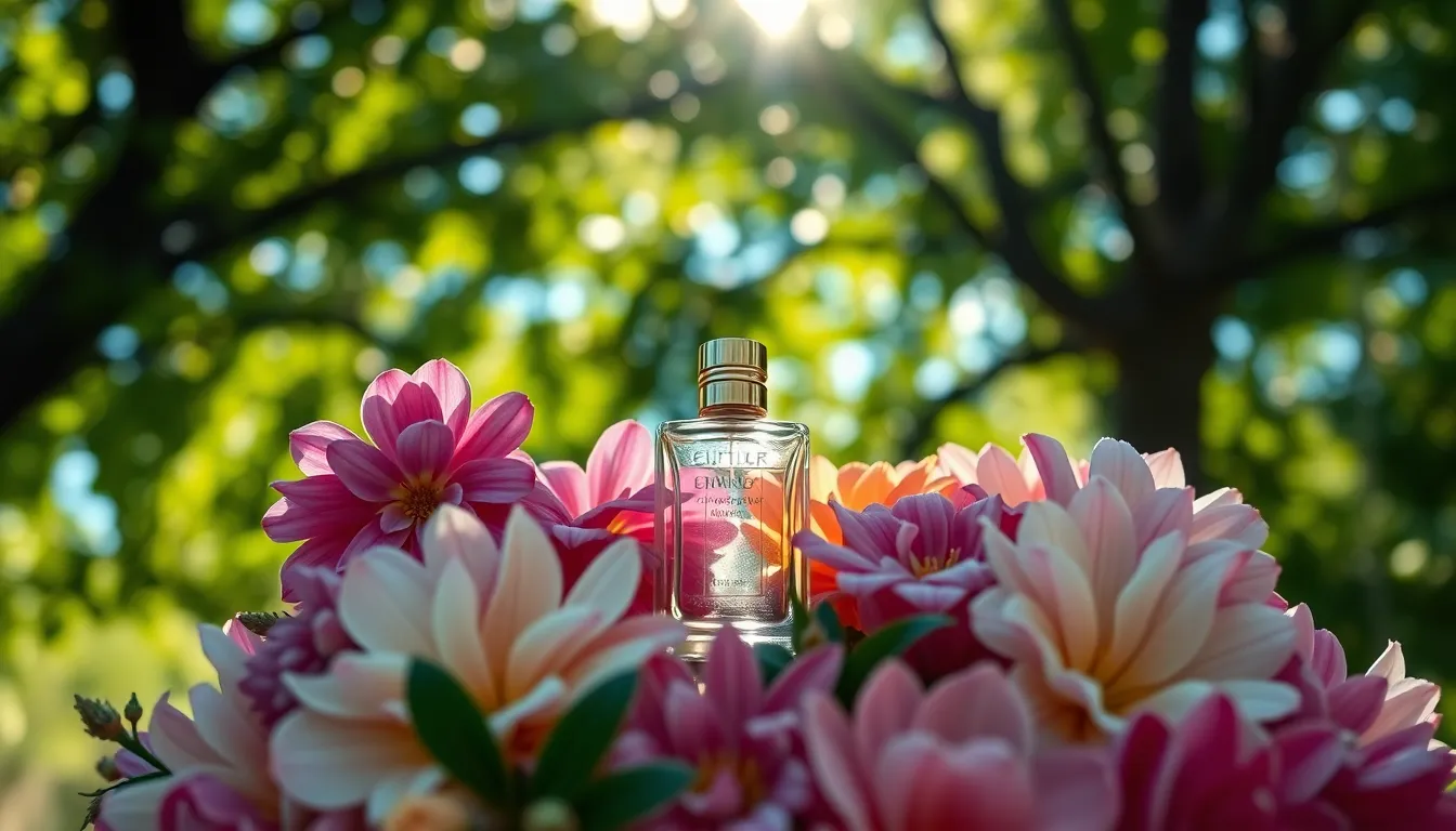 A delicate perfume bottle is gracefully nestled among vibrant flowers in a stunning floral arrangement, illuminated by dappled sunlight filtering through a tree canopy. The rich and saturated colors pop against the soft background, creating a dreamy atmosphere filled with life. The shallow depth of field highlights the intricate textures of both the glass bottle and the flower petals, drawing the viewer's attention to the exquisite details of nature and elegance.