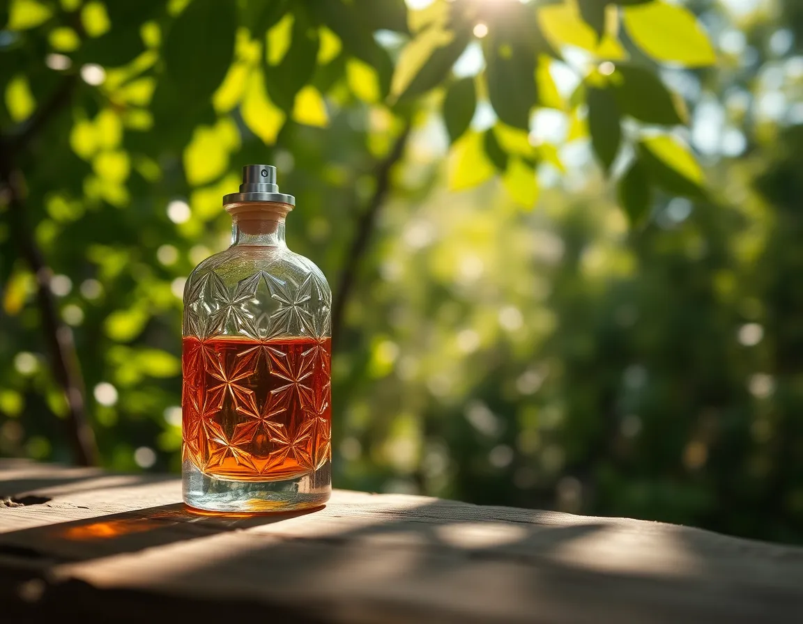 This captivating image features an intricately designed perfume bottle resting on a rustic wooden surface, surrounded by vibrant greenery. Dappled sunlight filters through the leaves above, creating a magical sparkle as it reflects off the glass. The macro shot highlights the delicate details of the bottle, while the lush background gently blurs, enhancing the natural feel of the scene. Earthy tones combined with vibrant greens create a harmonious connection with nature, perfect for eco-conscious brands.