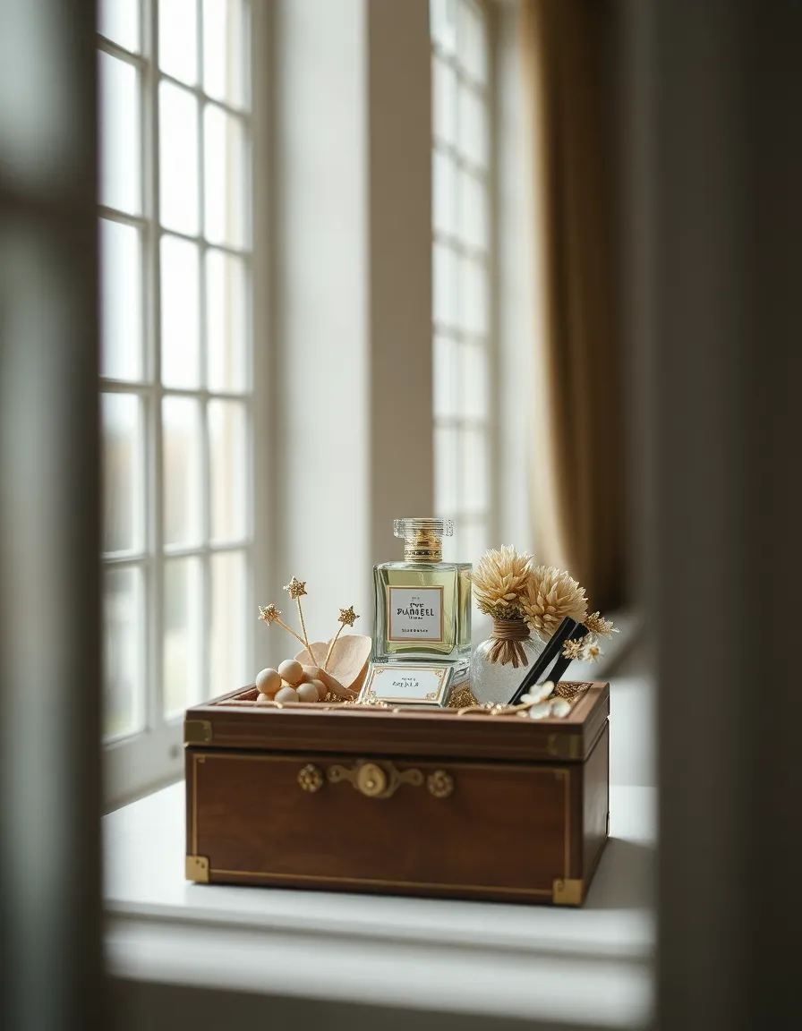 A beautifully arranged perfume box sits elegantly by an open window, capturing the soft, diffused daylight of an overcast day. The tilt-shift effect adds a playful miniature quality to the scene, drawing attention to the intricate details of the box while softening the background. Muted earth tones dominate the color palette, enhancing the serene, inviting ambience ideal for beauty and luxury markets.