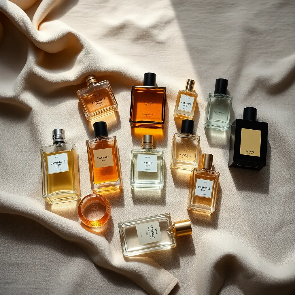 Stylish Flat Lay of Perfume Bottles on Linen