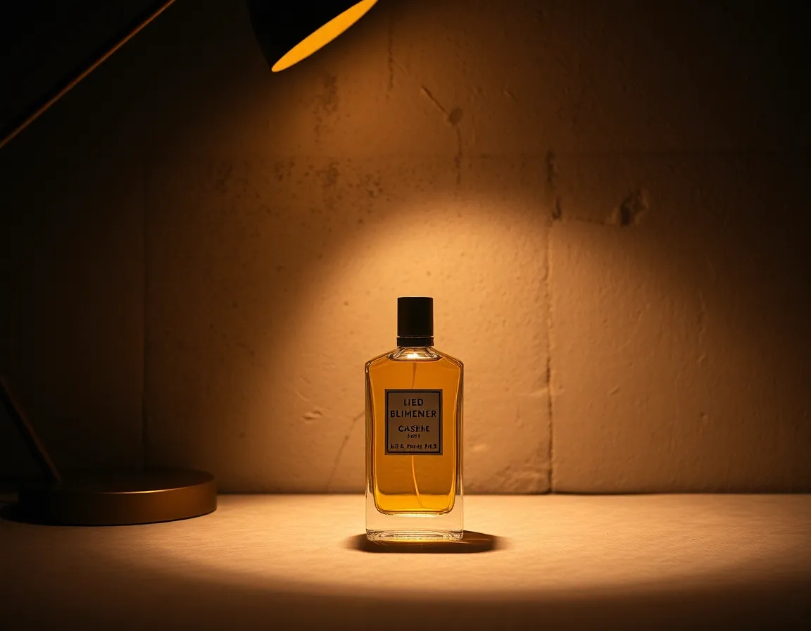 In this artistic image, a beautifully designed perfume bottle is artfully placed against a textured concrete wall, illuminated by warm tungsten lighting. The interplay of light and shadow creates a dramatic effect that accentuates the bottle's features. The earthy tones of the image evoke a sense of warmth and sophistication, making it an excellent choice for modern beauty campaigns.