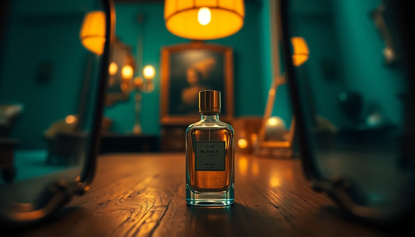 An exquisite vintage perfume bottle is artfully captured, framed by antique mirrors that reflect its beauty and elegance. The smooth surface of the bottle contrasts beautifully with the aged wooden table beneath. Enhanced by butterfly lighting from above, the soft bokeh background adds depth and a contemporary touch with its cinematic teal and orange color grading. This composition creates a nostalgic yet modern atmosphere, perfect for showcasing timeless elegance.