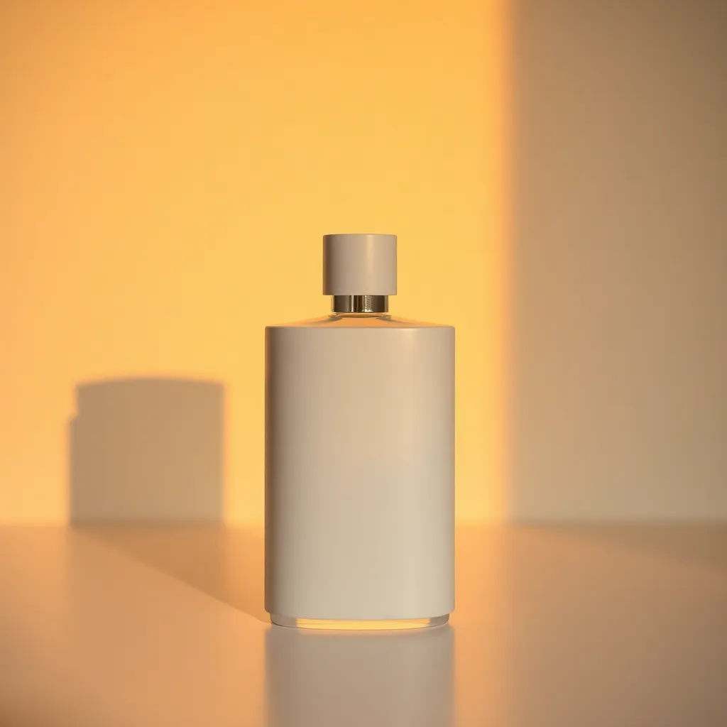 This image captures a sleek, modern perfume bottle illuminated by warm tungsten light, giving it a cozy and inviting glow. Set against a minimalist background, the shallow depth of field isolates the elegant bottle, allowing its smooth surface to reflect the light beautifully. The muted color palette of soft whites and warm golds creates a serene ambiance, perfect for a contemporary beauty aesthetic. The symmetrical layout emphasizes the design's sophistication and simplicity.