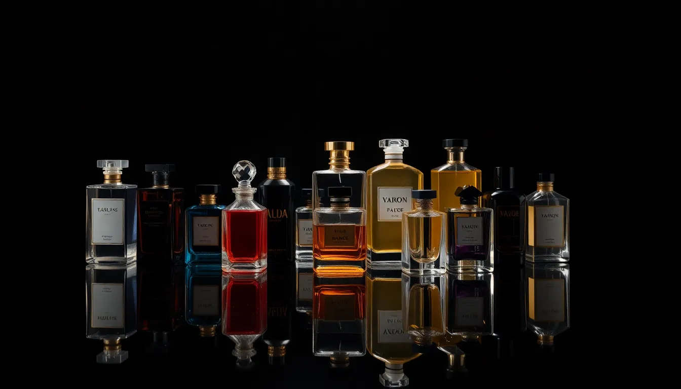 This striking still life features a collection of high-end perfume bottles elegantly arranged on a glossy black surface. Soft studio lighting enhances the rich jewel tones of the bottles while creating alluring highlights and deep shadows. The hyper-sharp focus throughout the image captures the luxurious details of each bottle, making it ideal for editorial and advertising use.