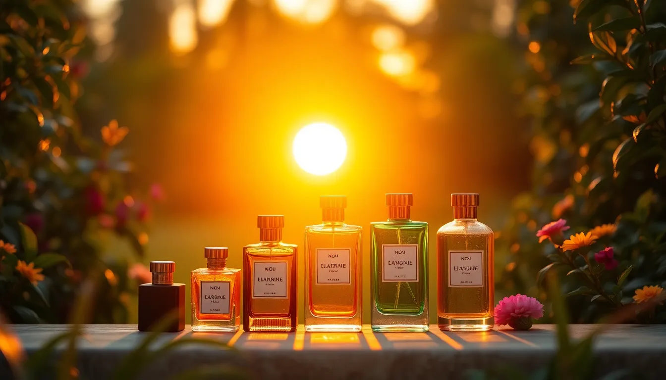 Beautifully arranged perfume bottles bask in the golden hour light within a lush garden. The warm backlighting highlights the bottles, creating a soft rim light that enhances their luxurious appearance. The rich teal and orange color grading adds depth and vibrancy to the scene, while the sharp clarity reveals intricate details in the surrounding flora. Leading lines in the composition guide the viewer's gaze through this enchanting setting, showcasing the perfumes' elegance amidst nature.