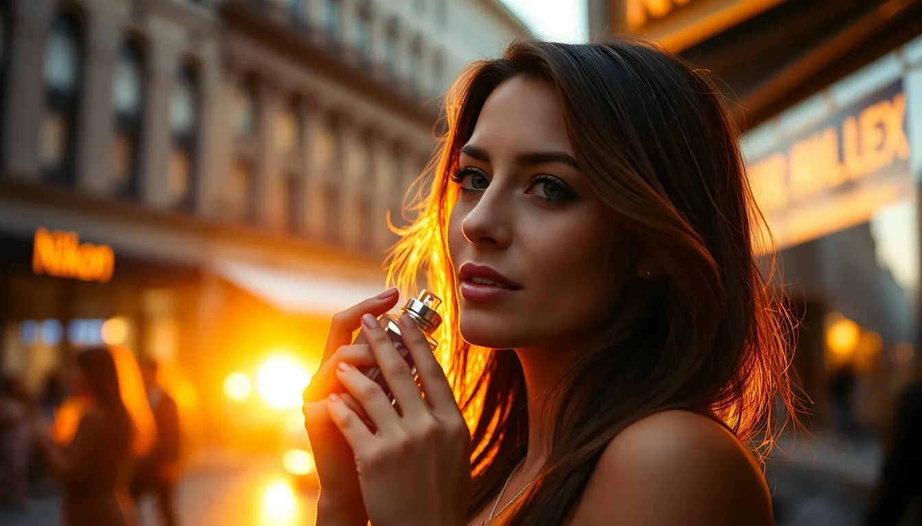 Woman Applying Perfume in Urban Golden Hour