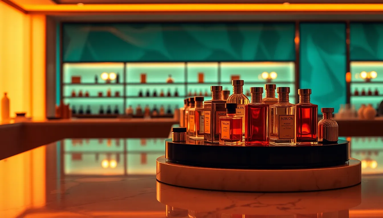 A luxurious array of perfume bottles is artistically arranged on a polished marble countertop, under dramatic Rembrandt lighting that enhances their shapes. The teal and orange cinematic color grading sets a sophisticated mood, while the leading lines of the countertop draw the viewer's eye to the centerpiece. The marble's smooth texture adds an elegant contrast to the deep colors of the bottles, making it an ideal representation of high-end beauty products.