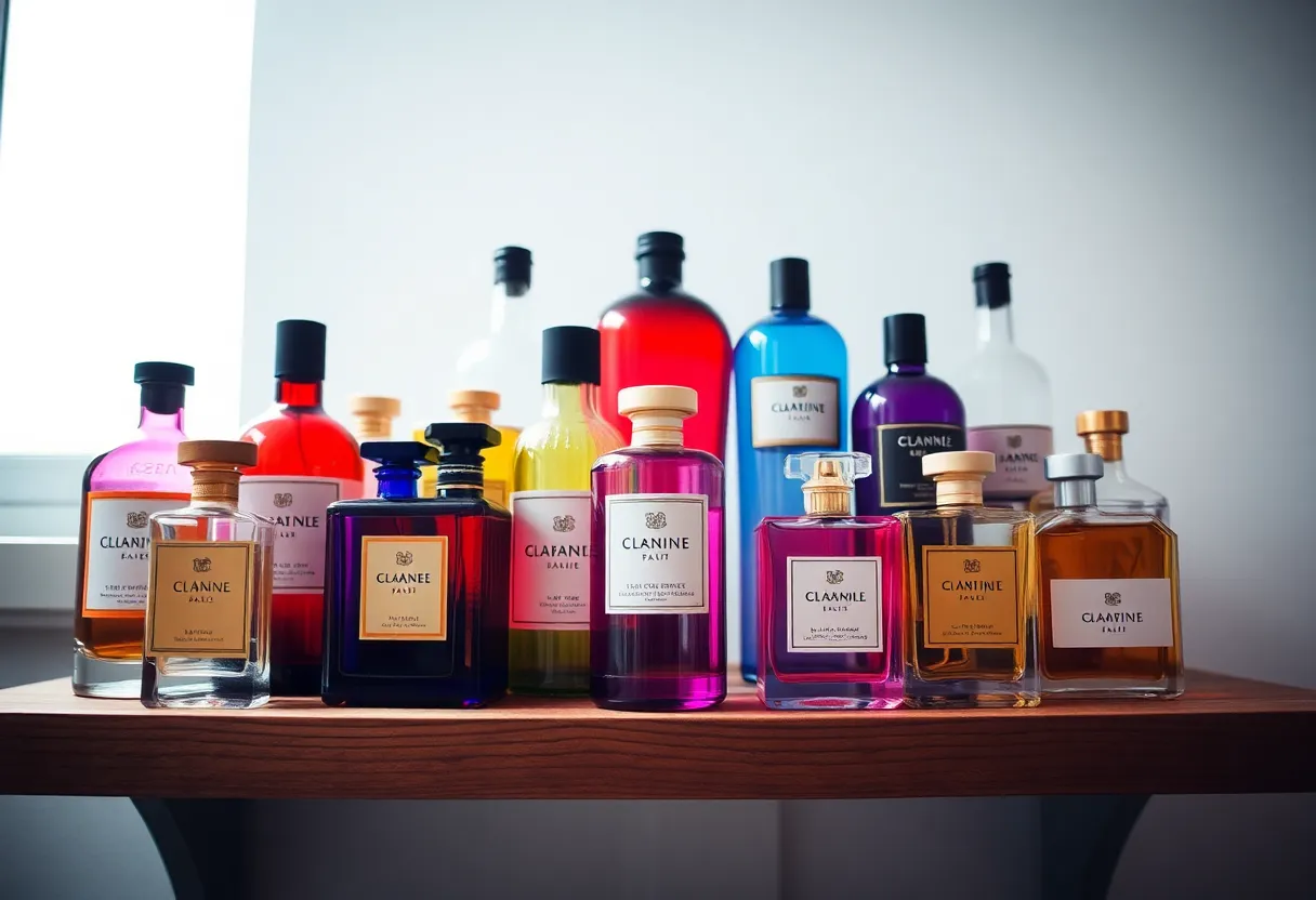 This vibrant image captures an artistically arranged collection of perfume bottles, showcasing their intricate designs and rich colors. Soft overcast daylight casts even light across the scene, allowing the jewel tones of the glass to shine through beautifully. The symmetrical composition draws the viewer in, inviting appreciation of both the perfumes and the rustic wooden shelf that acts as a backdrop. Each bottle tells its story, reflecting the artistry behind fragrance creation.