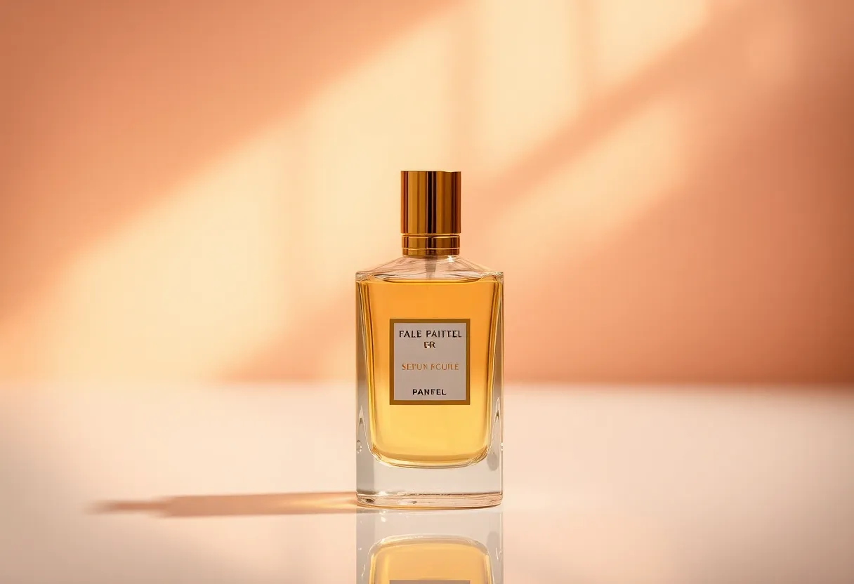This stunning image captures an elegantly designed perfume bottle, beautifully lit in a studio setting. The warm pastel pinks and golds convey a sense of luxury, while the creamy bokeh background draws attention to the intricate details of the bottle. Soft reflections on the glass surface add depth and richness to the scene. Ideal for fashion and beauty contexts, this composition speaks to sophistication and elegance.