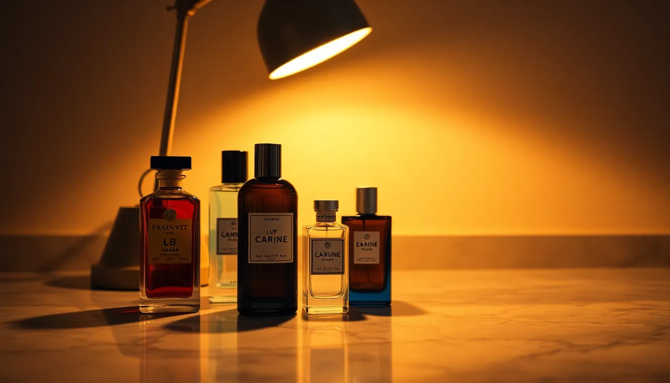 This photorealistic image showcases a stunning arrangement of elegant perfume bottles on a textured marble countertop. The warm tungsten light creates a cozy ambiance, highlighting the delicate glass surfaces. Shallow depth of field adds a dreamy quality, with a soft bokeh effect in the background. The overall color palette, inspired by Kodak Portra 400, enhances the luxurious feel of the scene.