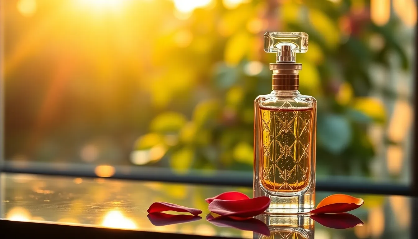 A stunning, elegant perfume bottle captured with warm evening light filtering through a window. The design is adorned with colorful petals that enhance the luxurious feel of the composition. The glass surface reflects golden hues, creating an inviting and serene atmosphere. With a soft focus on the background, this image draws attention to the intricate details of the bottle, perfect for advertising or editorial use.