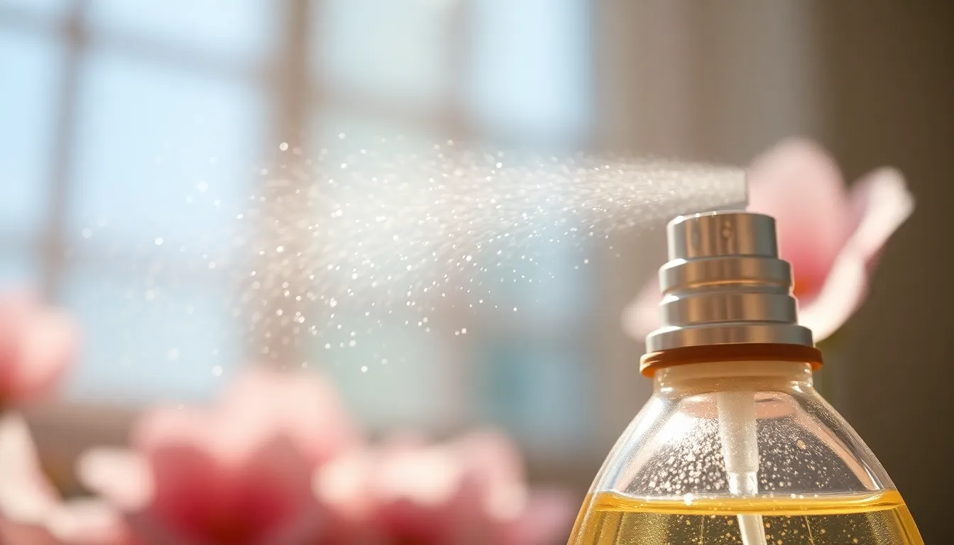 This enchanting image captures a close-up of a perfume spray in action, with bright natural light highlighting delicate droplets as they disperse in the air. The soft pastel colors and creamy bokeh create a dreamy and fresh atmosphere. With its focus on movement and elegance, this image is perfect for beauty and fragrance marketing.