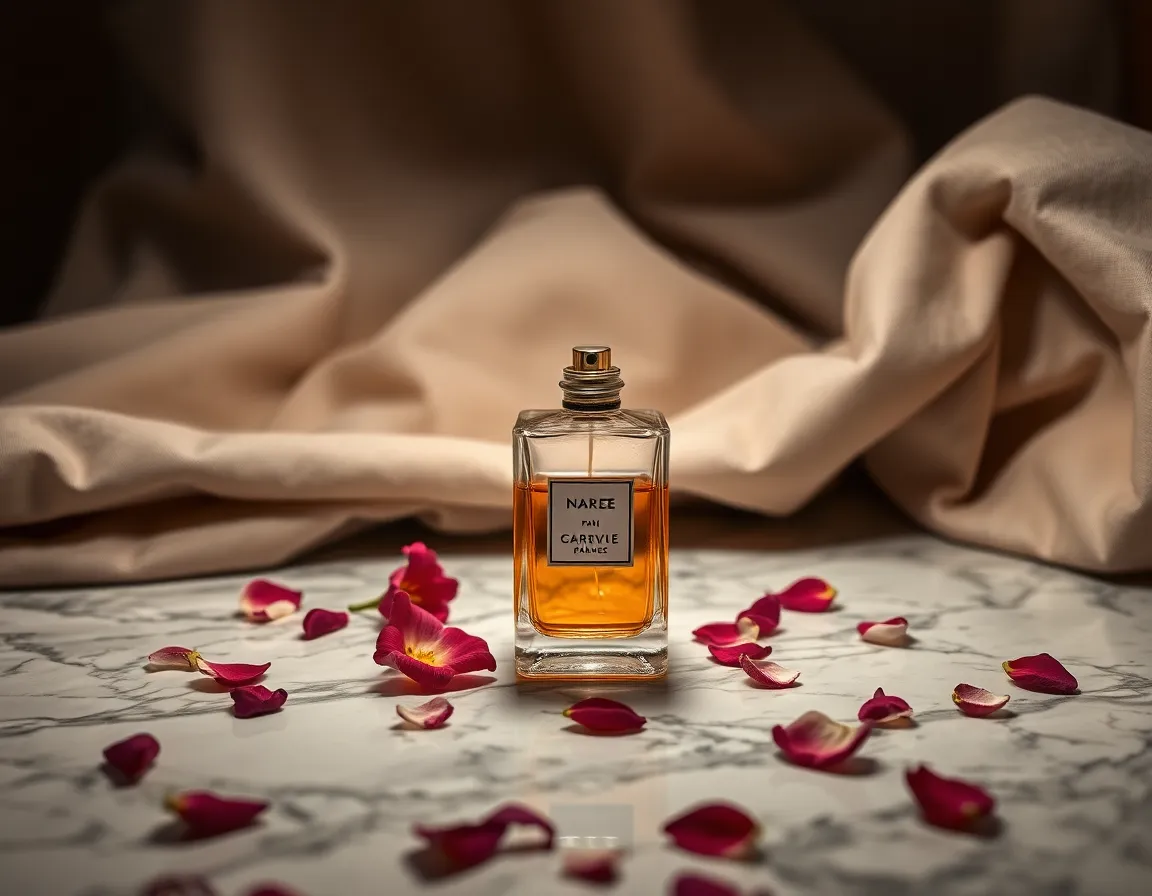 This macro shot captures the intricate beauty of a perfume bottle carefully arranged on a polished marble surface. The soft overhead lighting casts gentle shadows, creating a dramatic effect that highlights the details of the bottle and the rich textures of the marble. Surrounding flower petals add an artistic touch, enhancing the elegance of the composition. This image is perfect for high-end beauty campaigns and lifestyle editorials.