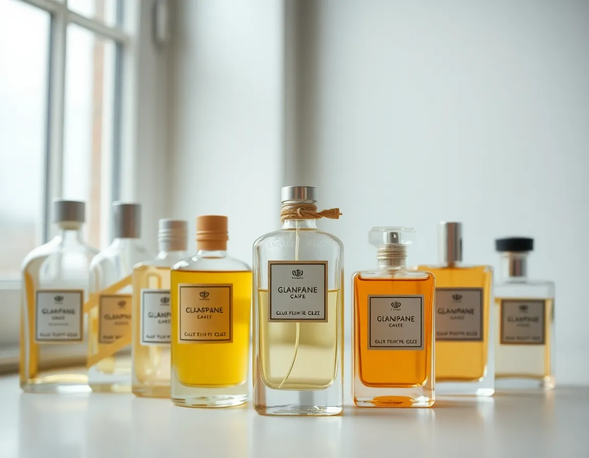 This serene image captures a collection of perfume bottles arranged symmetrically on a rustic wooden table, illuminated by soft, diffused daylight. The overcast conditions create a gentle ambiance that highlights the intricate details of each bottle. With hyperfocal clarity, viewers can appreciate the texture of the wood and glass. The natural muted tones enhance the tranquil mood, making it perfect for a lifestyle setting.