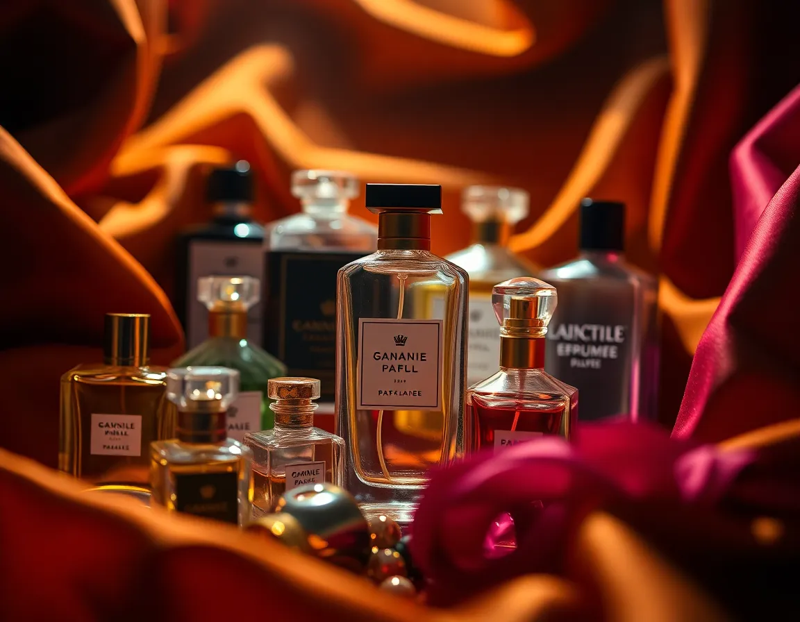 An artistic composition featuring several luxurious perfume bottles surrounded by opulent fabrics, this image captures the essence of elegance. Warm tungsten lighting enhances the drama, casting rich shadows against the vibrant jewel-toned backdrop. The selective focus draws attention to the central bottle, while the macro lens reveals intricate details of the arrangement.