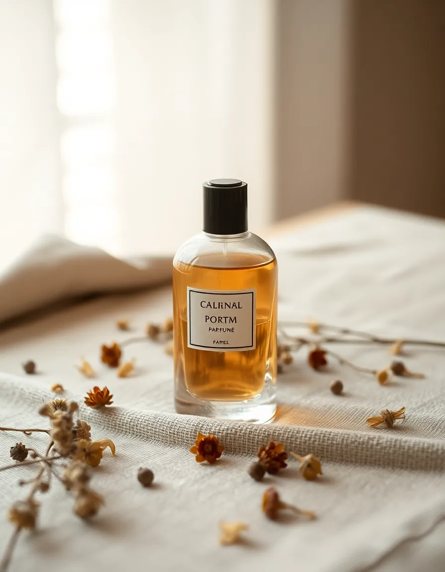 This exquisite flat lay photograph features a variety of perfume bottles artfully arranged on luxurious silk. Soft natural light enhances the textures, creating an atmosphere of elegance and sophistication. The muted earth tones of the fabric and glass evoke warmth and opulence, making this image perfect for beauty product promotions and editorial use.