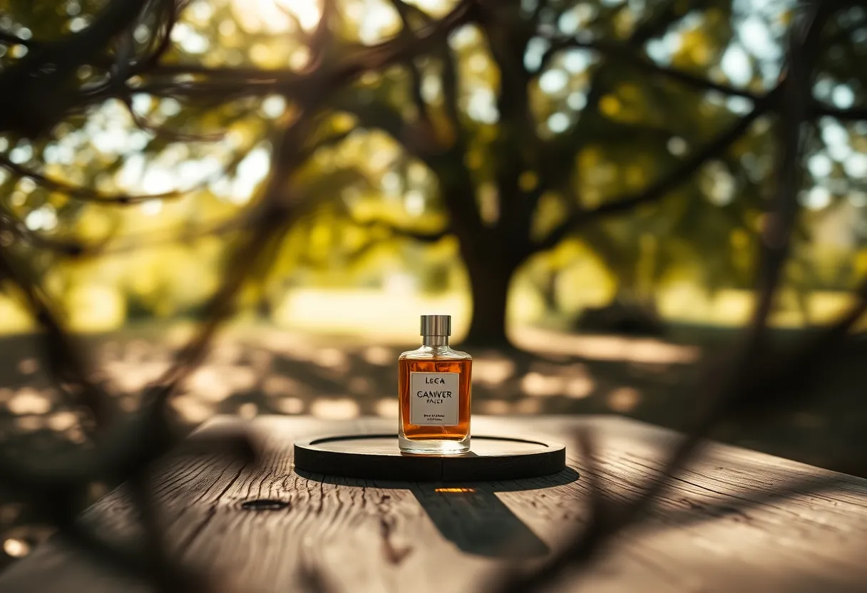 This enchanting image captures a perfume bottle elegantly displayed on a weathered oak table, surrounded by nature. Dappled sunlight filters through the tree canopy, creating a dreamy atmosphere that invites relaxation. The shallow depth of field emphasizes the beauty of the bottle while soft bokeh enhances the enchanting background. Natural muted tones evoke a sense of tranquility, perfectly complementing the scene.