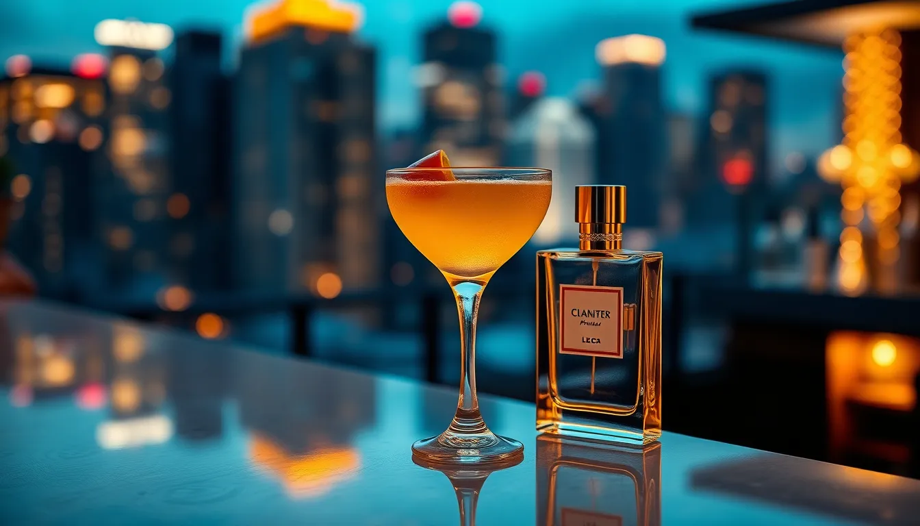 This evocative image captures an artfully crafted cocktail next to an elegantly designed perfume bottle in a chic urban rooftop bar at dusk. The warm glow from tungsten lighting contrasts beautifully with the deep blues of the city lights reflected on the polished bar surface. The shallow depth of field creates a luxurious and intimate atmosphere, pulling focus to the textures of the glass and the warm color palette, perfectly embodying a sophisticated nightlife vibe.